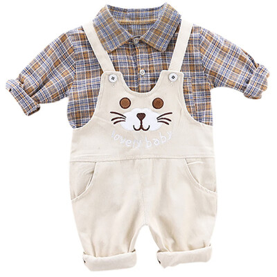 

Cute Baby Boy Clothes 2pcs Autumn Outfits Long Sleeve Plaid Print Shirt BlouseCartoon Strap Overalls pants Casual Sets