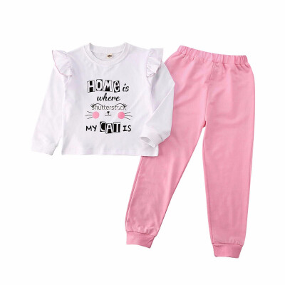 

Kids Baby Girls Clothes Cute Cat T-shirt Ruffle Tops Solid Long Pants Outfits