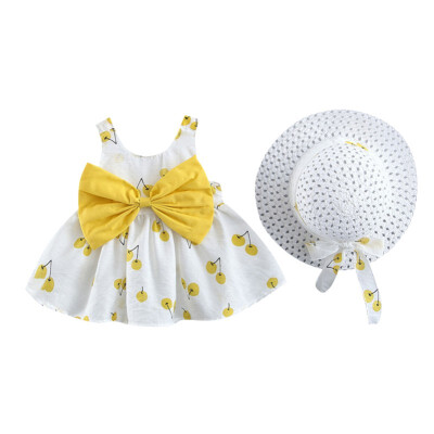 

Cute Girls Dress Cotton Cute Breathable Fruit Print Bow Sleeveless Sweet Princess Sling DressHat