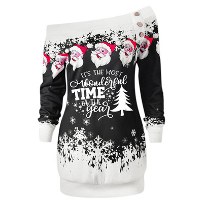 

Tailored Womens Fashion Santa Claus Snowflake Skew Neck Pullover Christmas Blouses