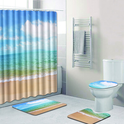 

Gobestart 4PCS Sea Style Non Slip Toilet Polyester Cover Mat Set Bathroom Shower Curtain