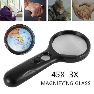 

Handheld 45X Magnifying Reading Glass Lens Jewelry Loupe With 3 LED Light Lamp