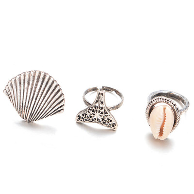 

3 Pcsset Women Personality Fashion Shell Mermaid Tail Carved Hollow Silver Ring Beach Accessories