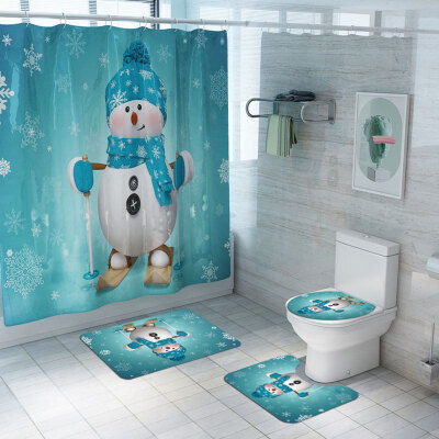 

Christmas Print Shower Curtain Carpet Mat Combination Bathroom Toilet Mat Bathroom Curtain Set 3 Piece Set