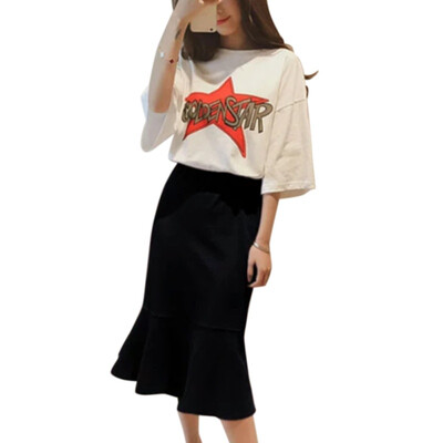

Womens Sets Two Piece Sets Plus High Waist Wide Ruffles Trim Pencil Skirts Printed T-shirt Half Sleeve Casual Womens Sets