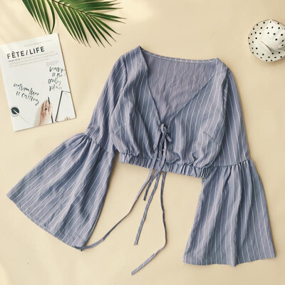 

Womens V Neck Striped Print Short Blouse Ladies Slim Lace Up Crop Top Female Shirt