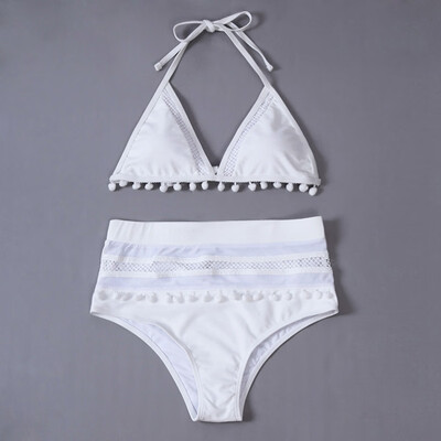 

2019 Women Sexy Halter Retro Mesh Hollow Out String Swimsuit Bathing Suit Female Bra Set High Waist Plus Size Swimwear Bikini