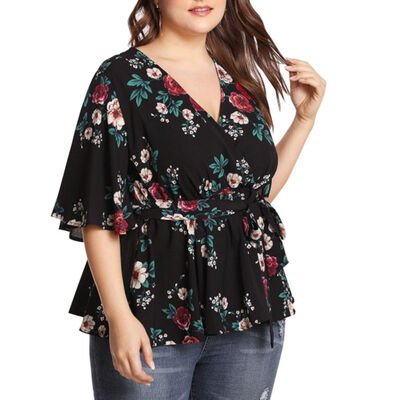 

Womens Blouse Plus Size  Sexy V Neck Floral Print Flare Sleeve Belted Surplice Peplum Tops And Blouse blusas feminina New