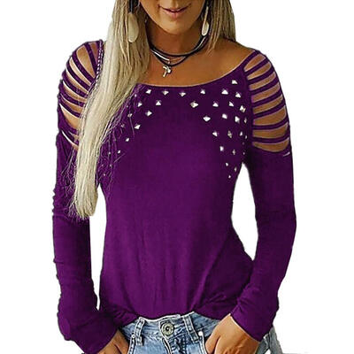 

Women Autumn Hollow Out Tops Long Sleeve Solid Color O-neck Diamond T-shirt