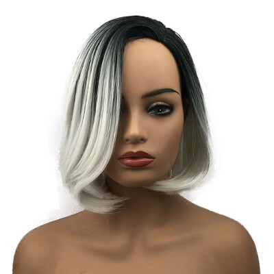 

StrongBeauty Ombre Wig Short Bob Wigs Straight White Hair with Dark Roots Synthetic Natural Full Women Wigs