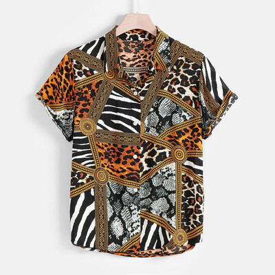 

Tailored Mens Summer Fashion Lapel Panel Striped Leopard Print Short Sleeve Shirt Top