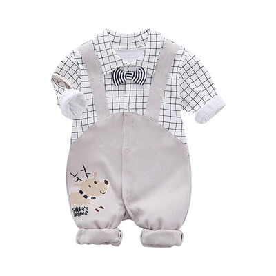 

Autumn Baby Boy Gentleman Clothes Long Sleeve Plaid Printing Fake 2 Piece Newborn Rompers Costumes