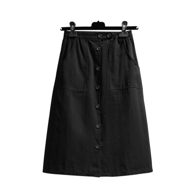 

New Japan Style Pocket buttons Washed Cotton Midi A Line Skirt Women ladies elastic Waist chic casual slim Female skirt