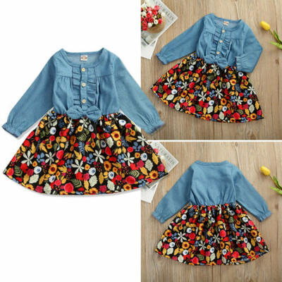 

US Infant Baby Girl Kid Floral Print Denim Stitching Skirt Outfits Clothes Dress