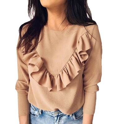 

Autumn Korean womens tops&blouses female Solid long sleeve Ruffle bouse Fashion New Personality Fashion womens blouse