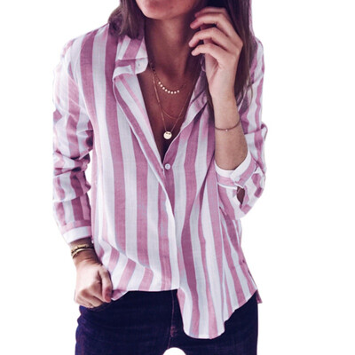 

Ladies Striped Long Sleeve Turn Down Collar Button Loose Blouse Shirt Spring Summer Womens Tops And Blouses Casual Tees