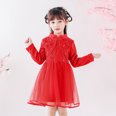 

Children Dress 1-7T Autumn Winter Girls Cute Mesh Stitching Plus Velvet Embroidery Princess Long-Sleeved Sweet Cheongsam Dress