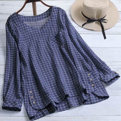 

Vintage Tunic Top Women Plaid Blouse Female Long Sleeve Button Shirt Chemise Asymmetrical Hem Blouse Casual Blusas Plus Size