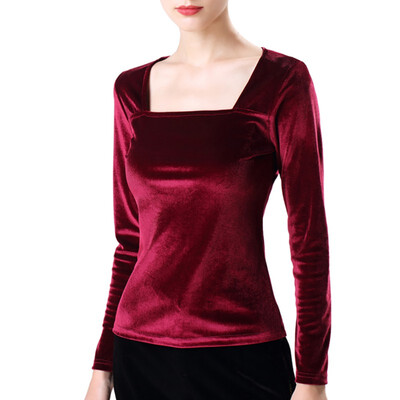 

Vintage Style Pleuche Solid Color Women Tops Fashion Slim Square Collar Long-sleeved T-shirts