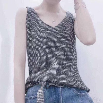 

Sleeveless Tank Tops Sexy Women V-Neck Knitted Camisole Club Spaghetti Metal Strap Camis Thin Shiny Glitter