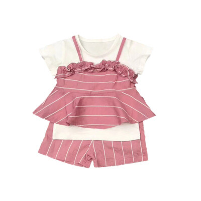 

Children Girls Casual Clothes Summer Crown Stripe Print Strap TopShort Sleeve T-shirtShorts Suits 3Pcs Costume Pink YellowSet