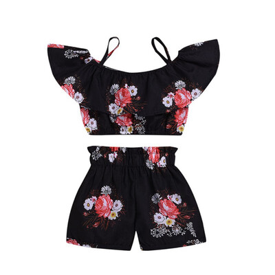

Summer Baby Girls Casual Sleeveless Strap Floral Print T-shirt TopsShorts Suits Costume Set