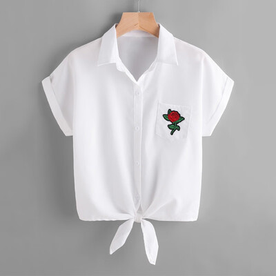 

Short Sleeve Batwing sleeve Women shirt Embroidered Loose short Shirt Casual Tie White Tops Shirt Blouse Women Cropped Tops