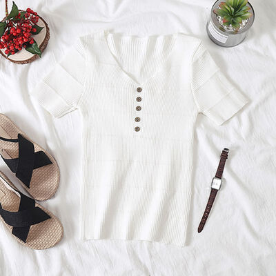

Women Short Sleeve V-Neck Autumn Buttons Knitted Tops Sweaters Slim Korean Version Tops Hot Sale