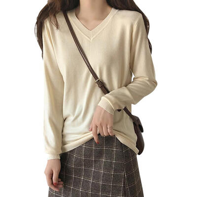 

Autumn Korean Pure Color Basic Sweater Casual V Collar Long Sleeve Tops