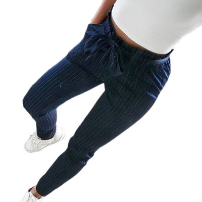 

2017 OL Chiffon Casual Trousers High Waist Harem Pants Striped Bow Tie Drawstring Elastic Waist Pockets Pantalones