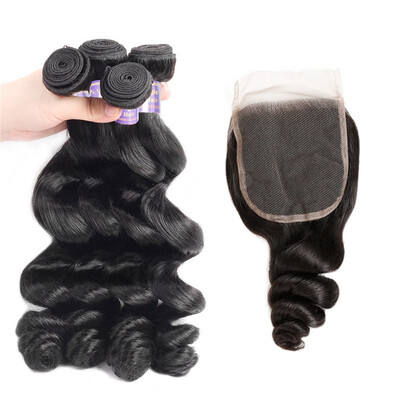 

Brazilian Remy Human Hair Weave Loose Wave Hair 4pcs Bundles with Lace Closure Virgin Cheap Extensions