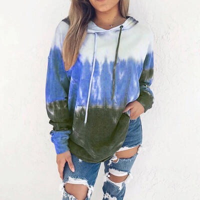 

Women Loose Hoodies Hooded Sweatshirt Drawstring Contrast Color Ombre Printed Front Pocket Pullovers Autumn Spring Casual Tops Str