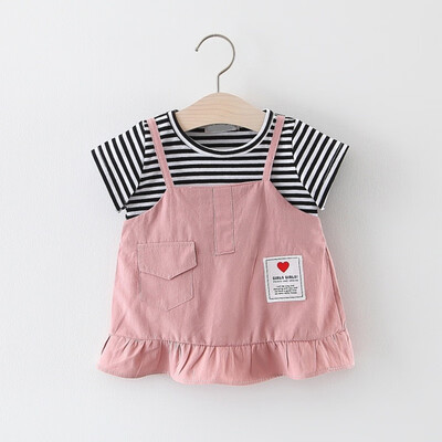 

Fake Two Piece Striped Girls Dress Summer Short Sleeve Sweet Princess Dress Fashion Casual Kids Dress for Girls