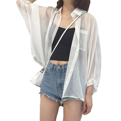 

White Chiffon Loose pocket Blouse Shirt Beach Summer Women Casual Boho Cardigan Plus Size Tops Beachwear