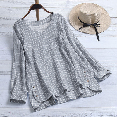 

Vintage Tunic Top Women Plaid Blouse Female Long Sleeve Button Shirt Chemise Asymmetrical Hem Blouse Casual Blusas Plus Size