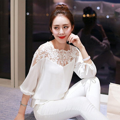 

Women Chiffon Lace Flower Loose Casual Long Sleeve Lace Tops OL Blouse Shirts