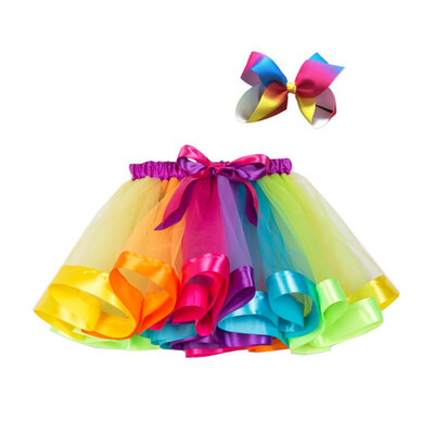 

2Pcs Baby Girls Summer Mesh Rainbow Color Matching High Waist Skirt Kid Girls Short Pleated Sweet SkirtHairband Cute 2-7y