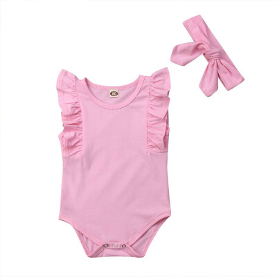 

New Summer Newborn Girls Rompers Set Flare Sleeve Solid Print Bodysuit Jumpsuit With Headband