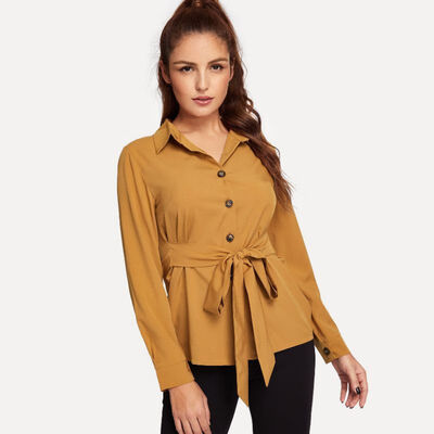 

New Shirt Fashion Blouse Women Solid Color Loose V-neck High Waist Lace-up Long-sleeved Shirt blusas mujer de moda 2019