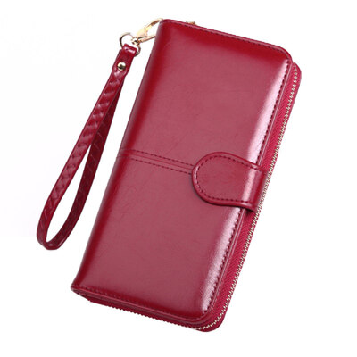 

Fashion Women Solid Color Waxy Leather Long Zipper Wallet Phone Holder Purse