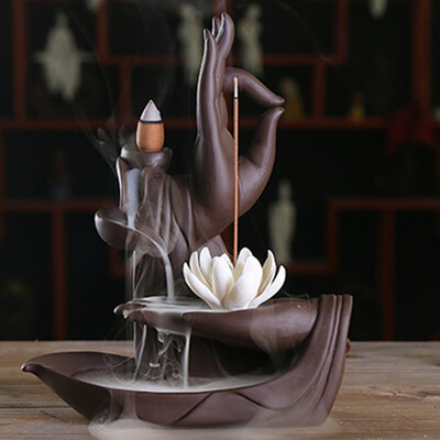 

Toponeto Ceramic Purple Sand Zen Buddha Hand Sandalwood Backflow Incense Burner Decor