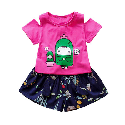 

Girls Summer Cartoon Cactus Print Short Sleeve T-shirtFloral Shorts Suits Casual Costume Set