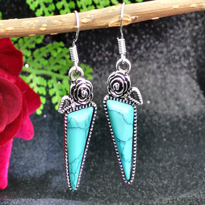 

guangxichuangshengxinfu 1 Pair Woman Vintage One-of-a-Kind Turquoise Gemstone Rose Flower Dangle Drop Hook Earring