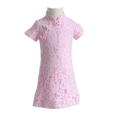 

Summer Girl Short-Sleeved Stand Collar Vintage Chinese Cheongsam Baby Children Lace Vestidos Qipao