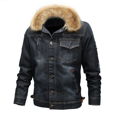 

Toponeto Men Fur Neck Autumn Winter Vintage Distressed Demin Jacket Tops Coat Outwear