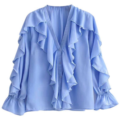 

Autumn laminated decorative ruffled shirt V-neck long-sleeved chiffon ladies blouses light blue clothes tops