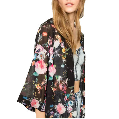 

Women Printed Chiffon Cardigan Tops Cover Up Blouse Summer Beach Dress Trim Bikini Swimsuit