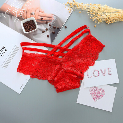 

Sexy Womens Panties Hollow Out Rose Jacquard Large Size Briefs Cross Straps Solid Color Lace Briefs Underwear