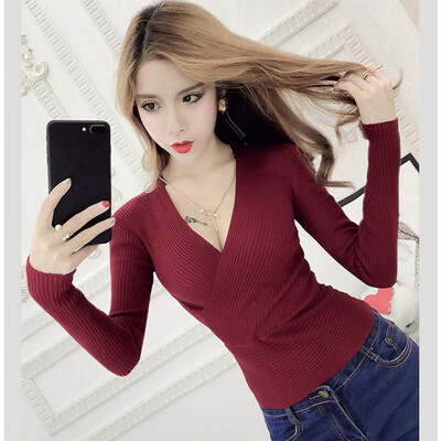 

Hot 2018 Winter Autumn Spring Slim Long Sleeve Knitted Sweater Sexy V-Neck Women Sweaters 9 Color Fashion Pullover Pull Femme
