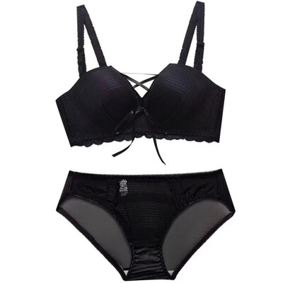 

Sexy Women Lingerie Set Lace-up Solid Color Bra Set Cross Hollow Gathered Wire Free Sweet Breathable Panties Bra Set